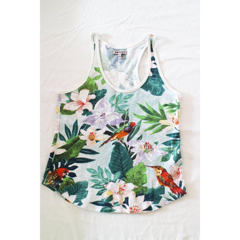 Juicy Couture White Tropical Jungle Paradise Lilly Floral Humming Bird Tank Top